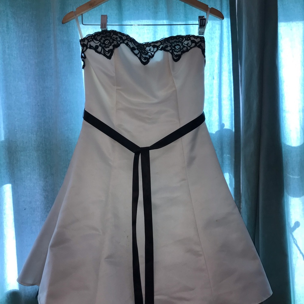 White and black lace strapless prom dress
